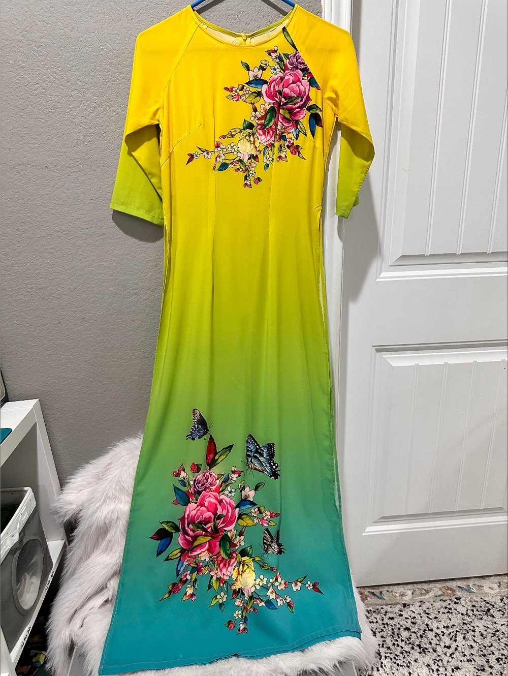 Morden Ombre Floral Ao Dai -Yellow‎ to Teal Gradient